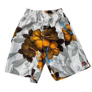 Quiksilver Board Swim Trunk Shorts‎ Mens Small Grey Yellow Hawaiian Tropical